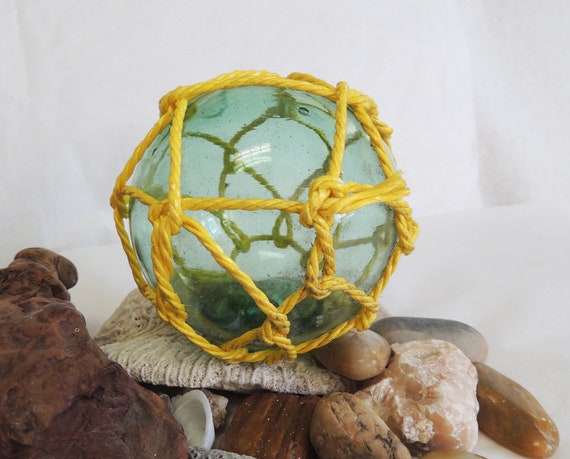 Vintage Japanese GLASS FISHING FLOAT Original Net, Moss Green & Rare Makers Mark (#77)