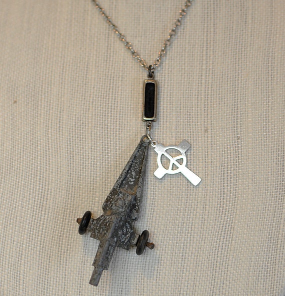 Vintage OOAK STEAMPUNK ASSEMBLAGE Necklace.. "War & Peace" Midgetoy Cannon And Peace Symbol