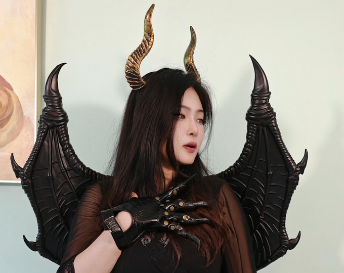 Dragon Wings Cosplay 3-Piece Set | Adult Black Dragon Demon Wings + Claw Gloves + Golden Horns Headband | Halloween, LARP, Fantasy Costume