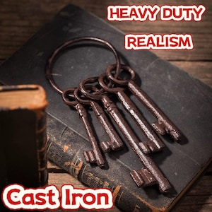 Può includere: Un set di chiavi in ghisa su un anello, con le parole "Heavy Duty Realism" e "Cast Iron" in testo rosso. Le chiavi sono marroni e poggiano su un libro scuro con una copertina usurata. Lo sfondo è una superficie di legno.