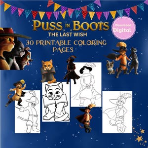 Puss In Boots  Coloring Pages : 30 Printable Design For Kids (PDF Download) Digital Download
