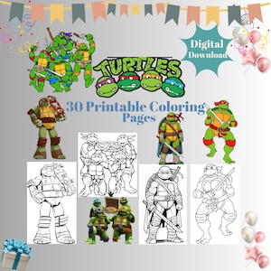 以下が含まれることがあります： ミュータント・タートルズのイラストが特徴のデジタルダウンロード。画像には、緑、紫、赤、青で「Turtles」という単語が含まれています。「30枚の印刷可能なぬりえ」というテキストも表示されています。