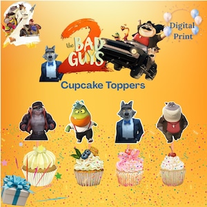 Könnte beinhalten: Digital gedruckte Cupcake-Topper mit Charakteren aus dem Film "The Bad Guys". Das Bild enthält Charakterillustrationen und Cupcakes mit verschiedenen Belägen. Der Text auf dem Bild lautet "Cupcake Toppers" und "Digital Print". Der Hintergrund ist gelb mit Konfetti.