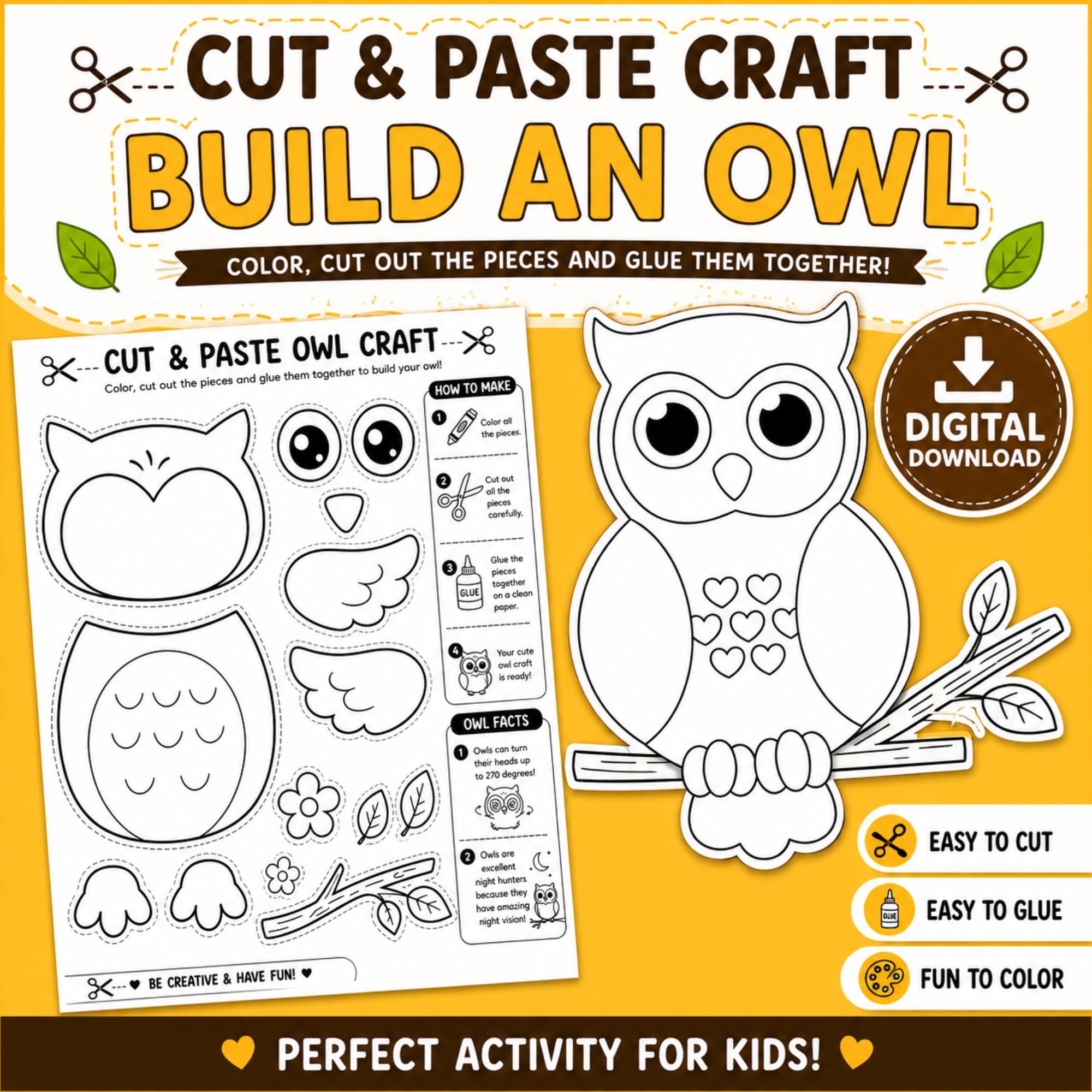 42 Creative Owl Crafts For Kids 12 Build an Owl Cut and Paste Craft Printable Paper Owl Activity…