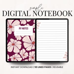 May include: Digital notebook with a floral design on the cover and lined pages. The cover features white flowers on a dark red background, with the words "MY NOTES" in a white rectangle. The notebook is designed for digital use.