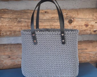 Poignée de sac à main au crochet en macramé 100 % coton grand cuir noir gris foncé