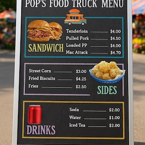 Könnte beinhalten: Eine Menütafel für Pop's Food Truck mit Sandwich-, Beilagen- und Getränkeoptionen. Die Speisekarte umfasst Tenderloin, Pulled Pork, Loaded PP, Mac Attack, Street Corn, Fried Biscuits, Pommes Frites, Soda, Wasser und Eistee.