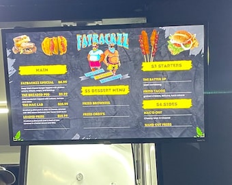 May include: A digital menu board displaying food options, including burgers, tacos, and sides. The menu is divided into sections like 'Main', '$3 Starters', and '$4 Sides'. The sign also has the text "CLOSED" with a call to return.