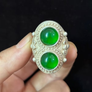 Exquisiter Silber-Grün-Edelstein-Ring, verstellbarer Ring, Vintage Handgemachter Ring, Schmuck Geschenk, Knöchel-Daumen-Ring Inspirational Ring, Kristallring 1