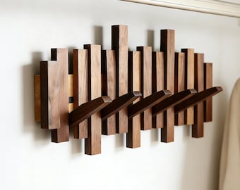 Perchero de madera maciza para piano: Ganchos de almacenamiento de pared de estilo moderno de mediados de siglo para la entrada.