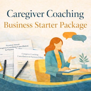 May include: Illustration of a Caregiver Coaching Business Starter Package. The image features two people in a coaching session, documents, a clipboard, and speech bubbles. Text includes "Caregiver Coaching Business Starter Package".
