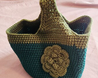 Crocheted green and blue tote bag