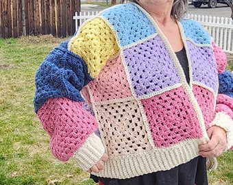 Granny square cardigan, crocheted sweater, handmade cardigan, handmade sweater