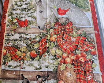 Christmas Horse and Cardinals Fabric Panel: Holiday Quilt Blanket Throw (36x45 inches)