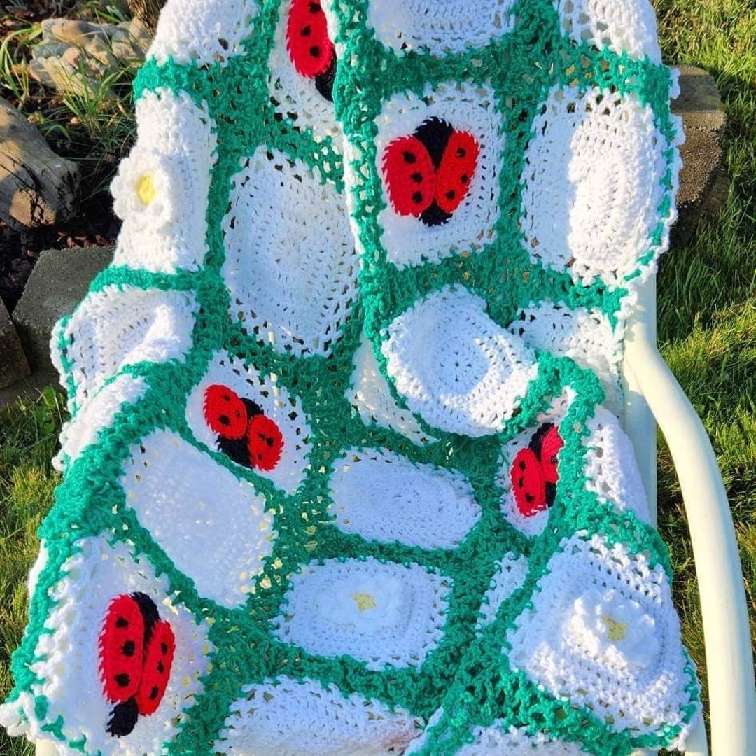 Ladybug and Daisy Afghan Throw Blanket Housewarming Gift Etsy