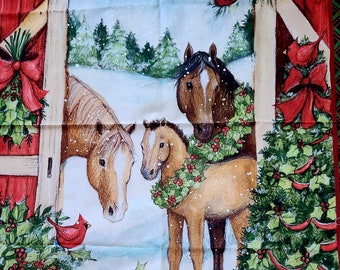 Christmas Horse Fabric Panel: Holiday Quilt Blanket Throw (36x45 inches)