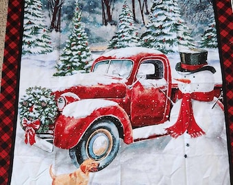 Christmas fabric panel of red truck, snowman panel and dog, quilt panel, wall hanging