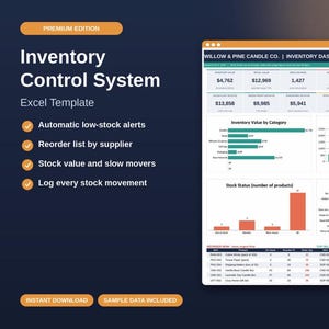 Op de afbeelding: Een Excel-sjabloon voor een voorraadbeheersysteem voor Willow & Pine Candle Co. Het dashboard toont belangrijke statistieken, voorraadwaarde per categorie, ontvangen versus verkochte eenheden, voorraadstatus en een gedetailleerde tabel.