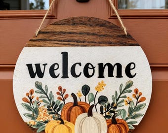 Plaque de bienvenue ronde, affichette de porte citrouille pour l'automne, décoration murale en bois rustique, enseigne de porche d'automne de ferme, décoration d'intérieur récolte