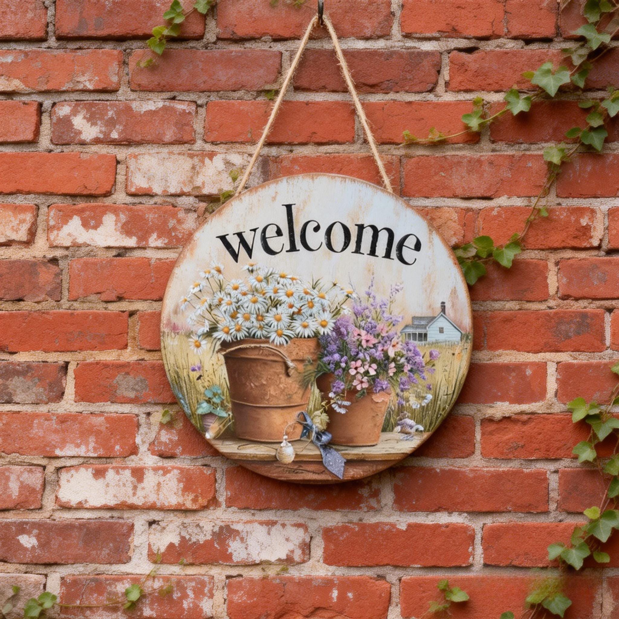 Welcome Spring Floral Door Hanger - Wood Sign for Porch, Front Door ...