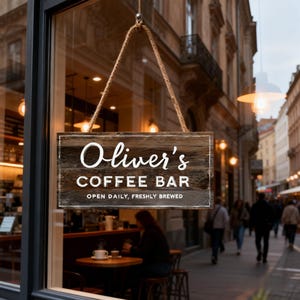 Peut inclure: Une enseigne en bois pour "Oliver's Coffee Bar" est suspendue dans une fenêtre, attachée par une corde. L'enseigne présente un texte blanc sur un fond en bois sombre et vieilli. Le texte indique "Oliver's COFFEE BAR OPEN DAILY, FRESHLY BREWED".