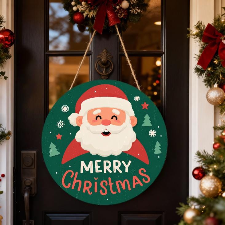 37 Inviting Christmas Front Porch Decor Ideas to Welcome Guests: Festive Ways to Wow Your Neighbors 11 Rustic Santa Door Sign, Round Wood Christmas Porch Hanging, Merry…