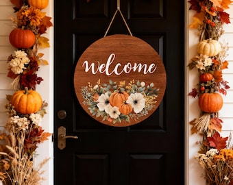 Letrero rústico de bienvenida estilo casa de campo, decoración otoñal para la puerta principal con calabazas y girasoles, arte colgante de otoño para la pared del porche, decoración de Acción de Gracias