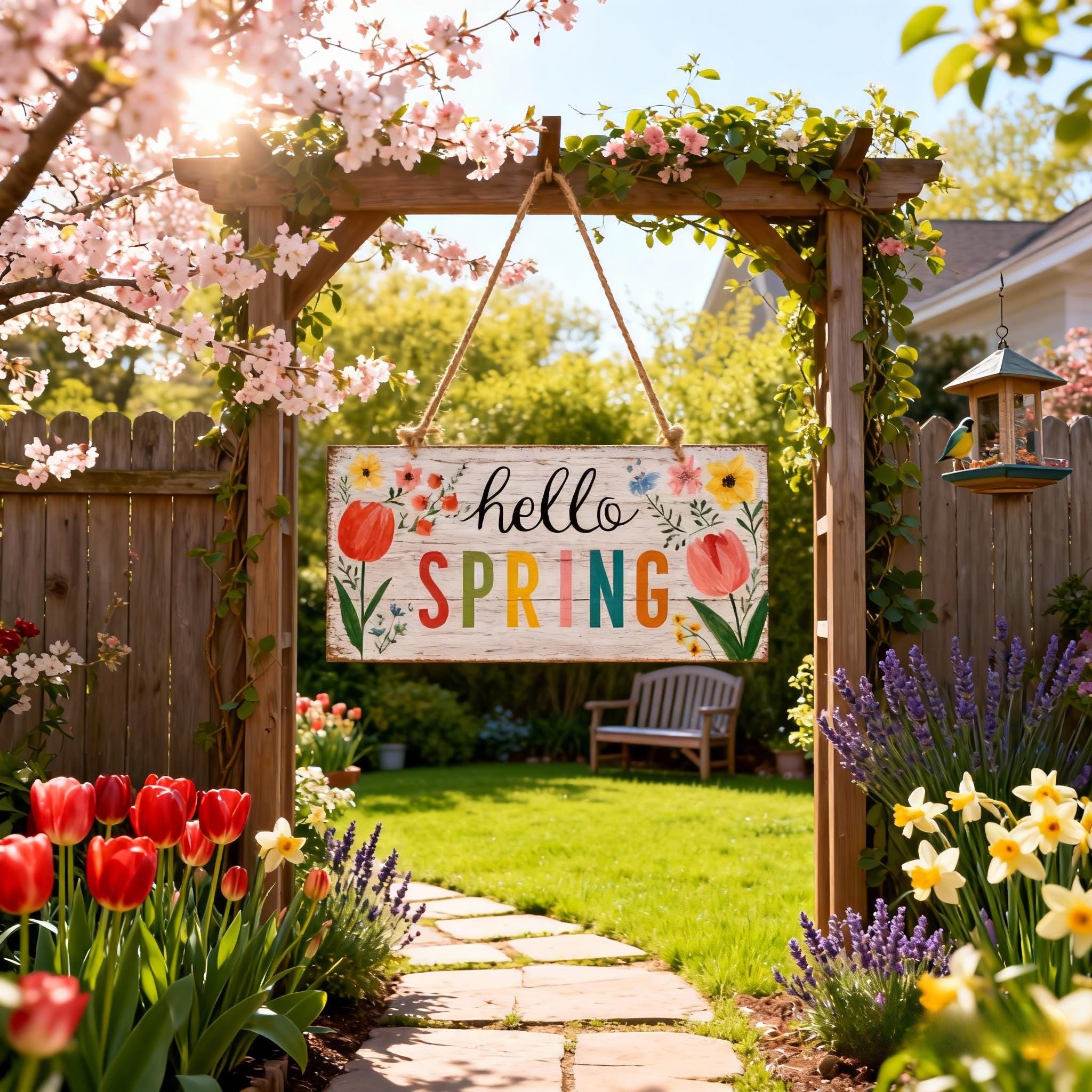 Hello Spring Sign With Tulips - Bright Floral Welcome Sign for Front ...