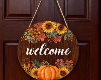 Letrero de bienvenida otoñal con calabazas y girasoles, colgador para puerta principal para Acción de Gracias otoñal, decoración rústica para porche de casa de campo, arte de pared de madera para exteriores