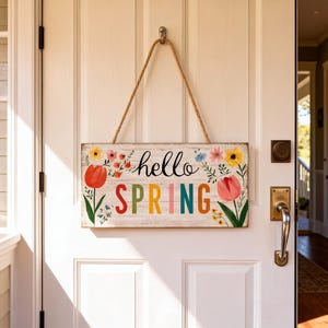 Hello Spring Sign with Tulips - Bright Floral Welcome Sign for Front Door, Wooden Spring Wreath Sign, Easter & Mother's Day Home Decor