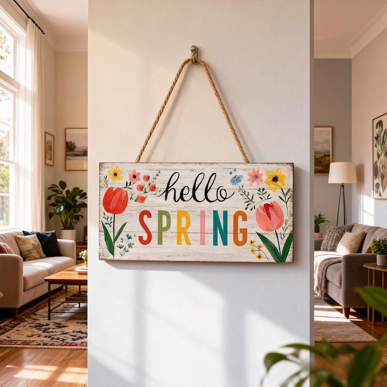 Hello Spring Sign With Tulips - Bright Floral Welcome Sign for Front ...