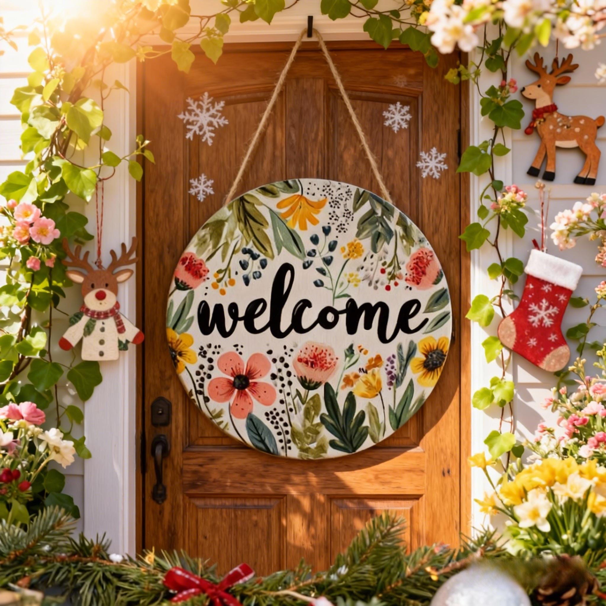 Wildflower Welcome Door Hanger - Spring Front Porch Decor, Floral Door ...