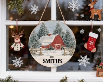 Cartello natalizio personalizzato per la famiglia, decorazione per porta in legno personalizzata con scena di fienile rustico vintage rosso e fattoria innevata