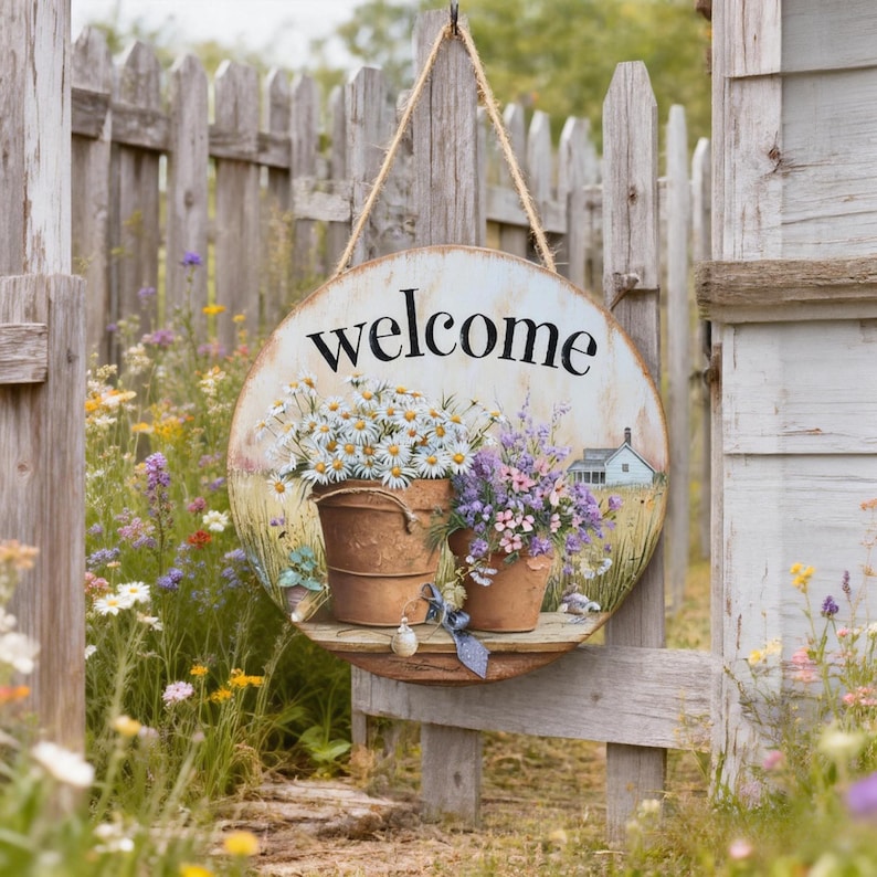 Welcome Spring Floral Door Hanger - Wood Sign for Porch, Front Door ...