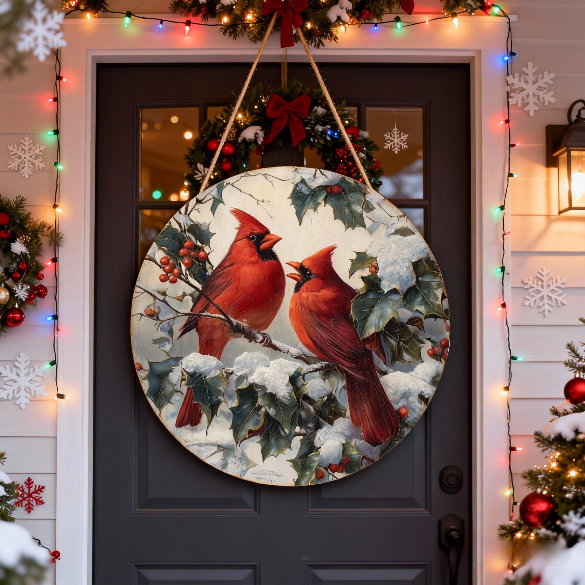 37 Inviting Christmas Front Porch Decor Ideas to Welcome Guests: Festive Ways to Wow Your Neighbors 7 Cardinal Bird Winter Welcome Sign, Front Door Hanger for Outside…