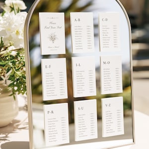 Alphabetical Wedding Seating Chart Cards, Editable 5x7 Canva Template for Mirror Display