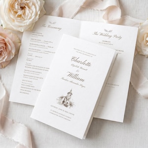 May include: Wedding ceremony programs with floral accents. The programs are white with elegant script and include the names Charlotte and William, along with the wedding date and location. Soft pink roses and a ribbon are in the background.
