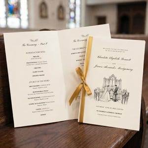 May include: Wedding ceremony programs with gold ribbon. The programs are open, revealing the order of service and the names of the bride and groom. The cover features an illustration of a wedding ceremony.