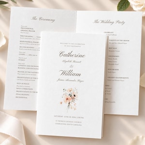 Catholic Wedding Mass Program Template, Romantic Watercolor Floral Booklet, Editable Canva Wedding Ceremony (US Letter, A4, Mobile)