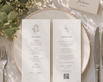 Pacote de modelos editáveis para impressão em Canva para menu de casamento, marcadores de lugar e cartões de agradecimento (download digital)