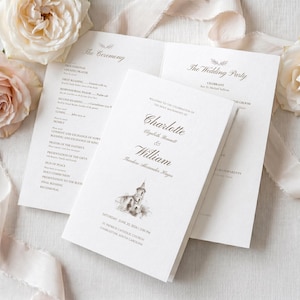 Plantilla para programa de boda católica, programa de ceremonia plegable, editable en Canva (tamaño carta estadounidense, A4, móvil)