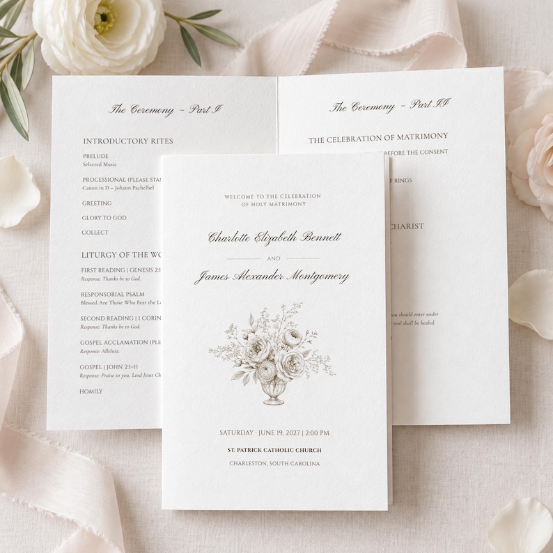 Editable Catholic Wedding Program Template, Floral Vase Design (US ...
