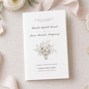 Catholic Wedding Mass Program Template, Floral Vase Canva Booklet, Editable (US Letter, A4, Mobile)