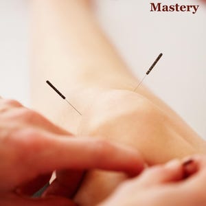 May include: Close-up of a knee with two acupuncture needles inserted. The text "Acupuncture Mastery" is displayed in a dark red font at the top of the image. The Etsy shop URL "seemstobecozy.etsy.com" is at the bottom.
