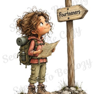 May include: A cartoon illustration of a hiker with messy brown hair, wearing a pink hoodie, khaki pants, and brown boots. The hiker carries a green backpack with a rolled sleeping mat and holds a map, looking up at a wooden sign labeled Fourteeners.