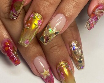 Handmade Stained Glass Press On Nails | Iridescent Floral Nail Art with Gold Frame | Elegant 3D Glass Nails for Special Occasions