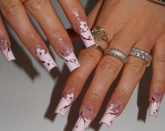 Pink Sakura Press On Nails, Cherry Blossom Long Coffin Nails with Rhinestones, Spring Floral Fake Nails, Handmade Nails, Wedding Nails