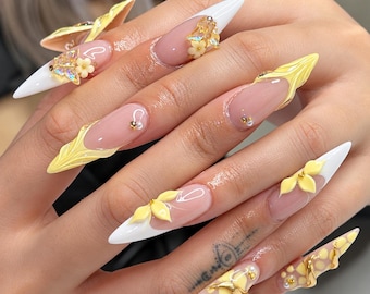 Elegant White French Tip Nails, 3D Flower Coquette Press Ons, Yellow Gold Accent Reusable Nails, Handmade Stiletto False Nails