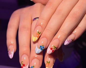 3D Fruit Press On Nails, Cute Pastel Striped Nails, Cherry Orange Blueberry Grape Nails