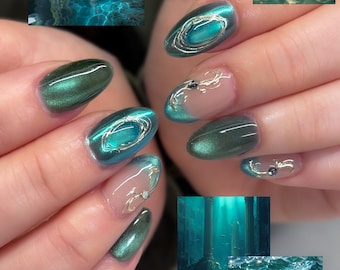 Emerald Teal Press On Nails | Cat Eye Ocean Blue Fake Nails | 3D Silver Swirl Gel Manicure and Water Art | Custom Handcrafted Reusable